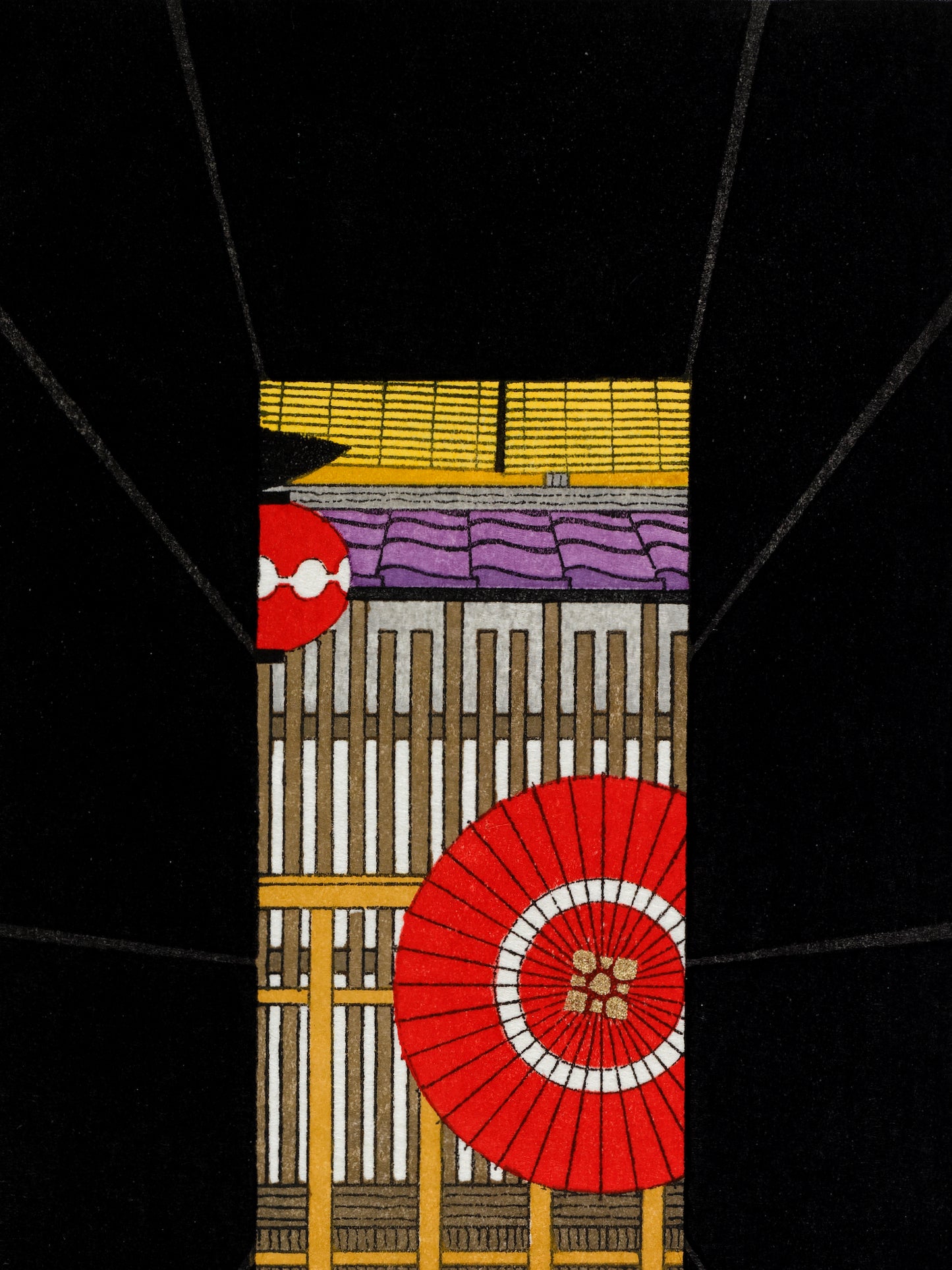 estampe japonaise une allée noire en perspective menant sur rue avec un parapluie rouge et une lanterne rouge en gros plan