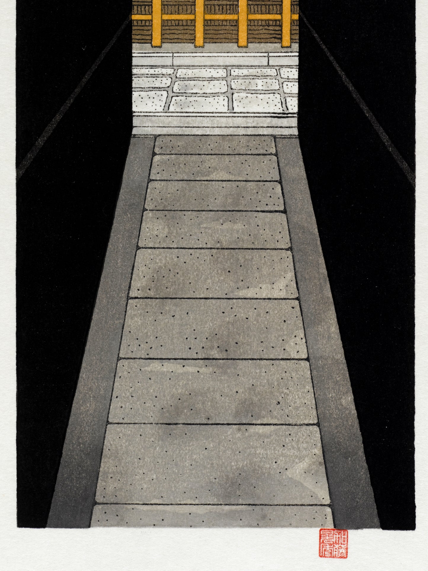 estampe japonaise une allée noire en perspective menant sur rue avec un parapluie rouge et une lanterne rouge, le pavé de la rue et sceau de l'artiste