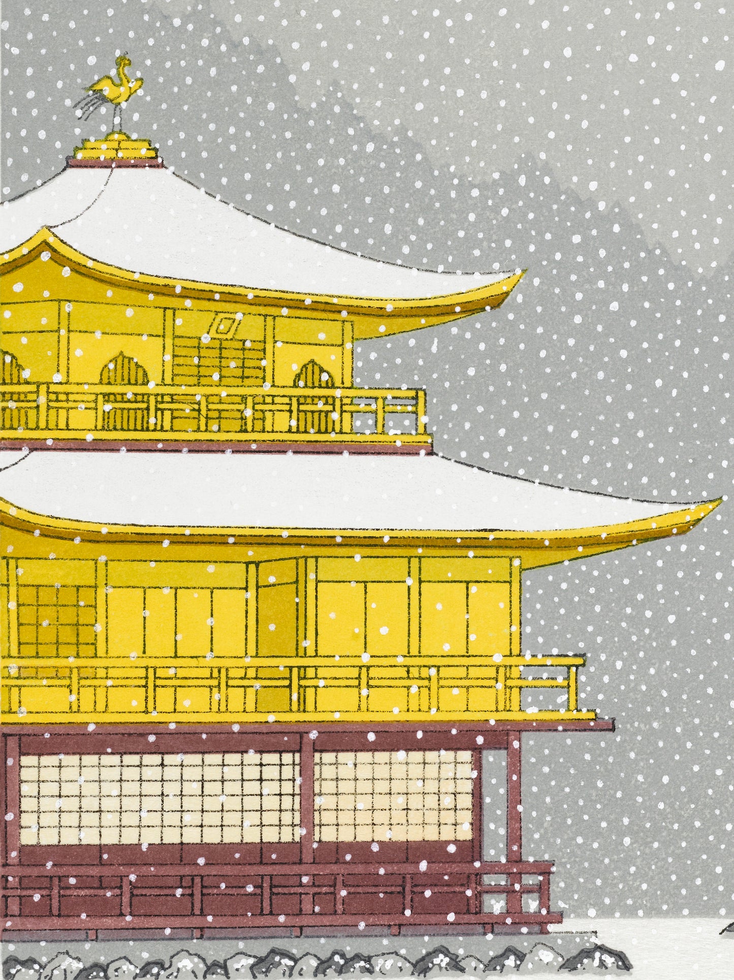estampe japonaise contemporaine le pavillon d'or Kinkakuji sous la neige, l'or du pavillon