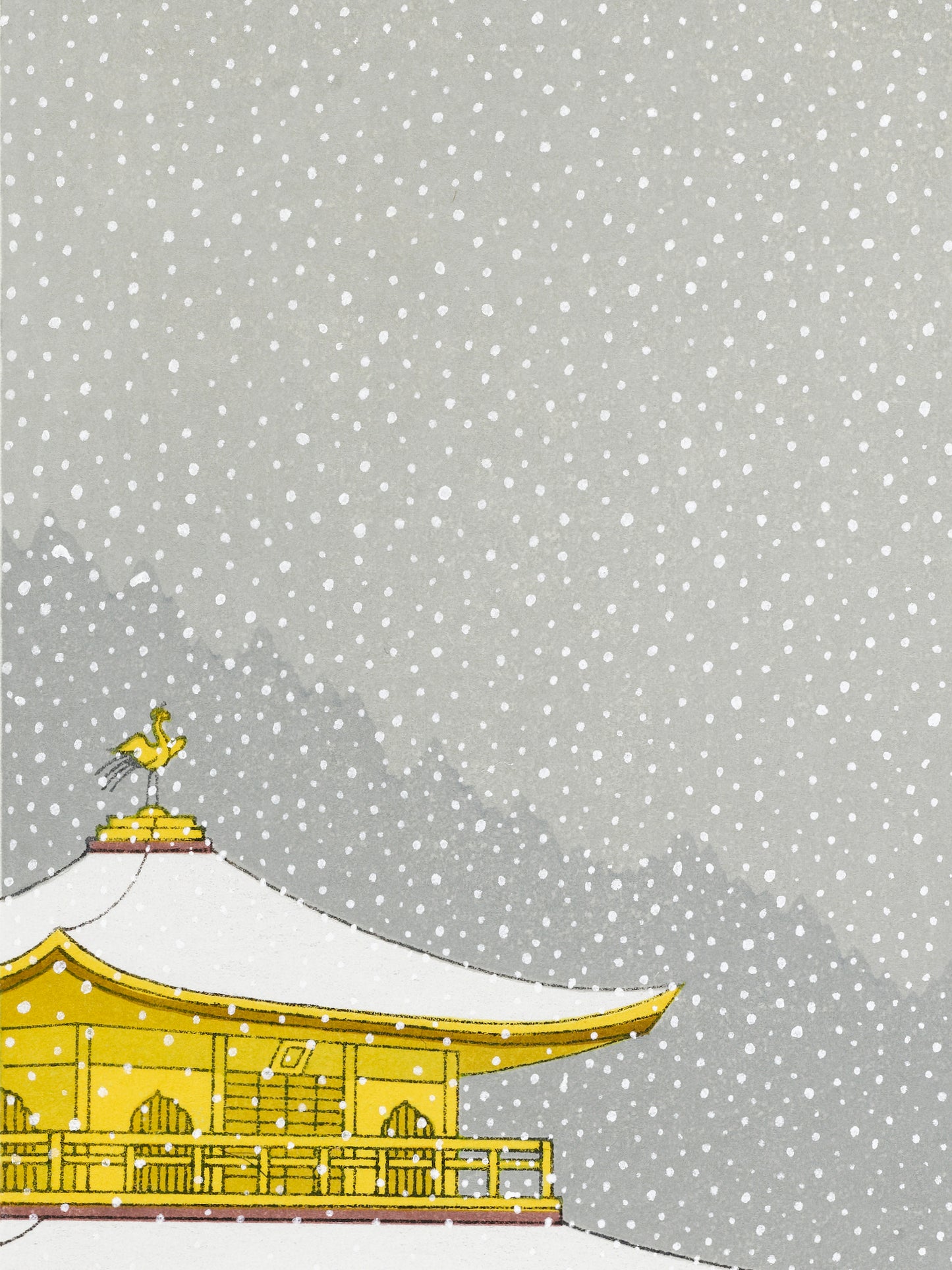 estampe japonaise contemporaine le pavillon d'or Kinkakuji sous la neige, le phoenix sur toit du temple