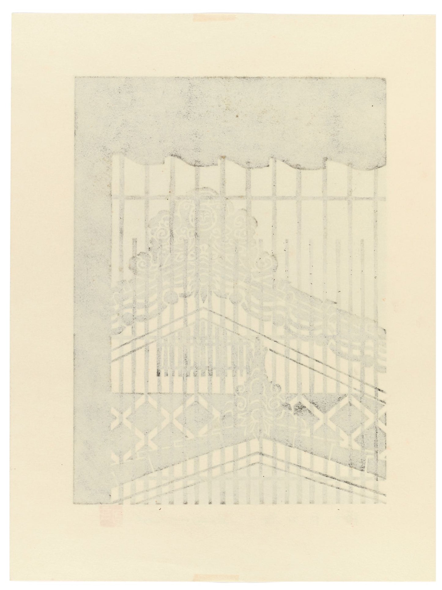 Estampe japonaise de Terashi Katsujirô montrant la toiture d’un temple de Hagi vue à travers une grille, le verso