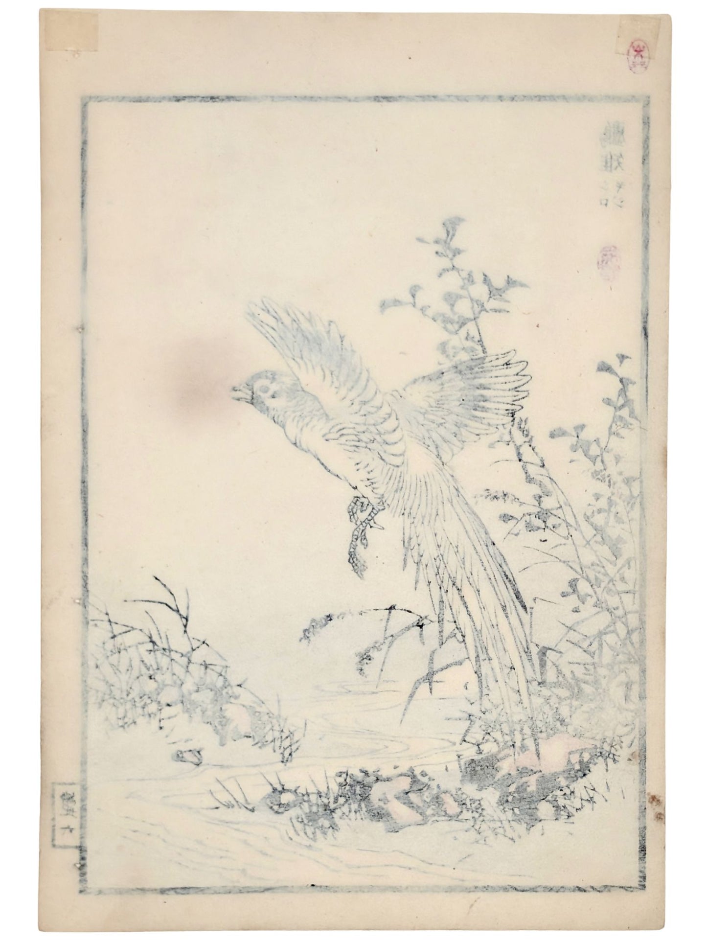 Estampe japonaise d’un faisan blanc en vol au-dessus de l'eau par Kōno Bairei verso