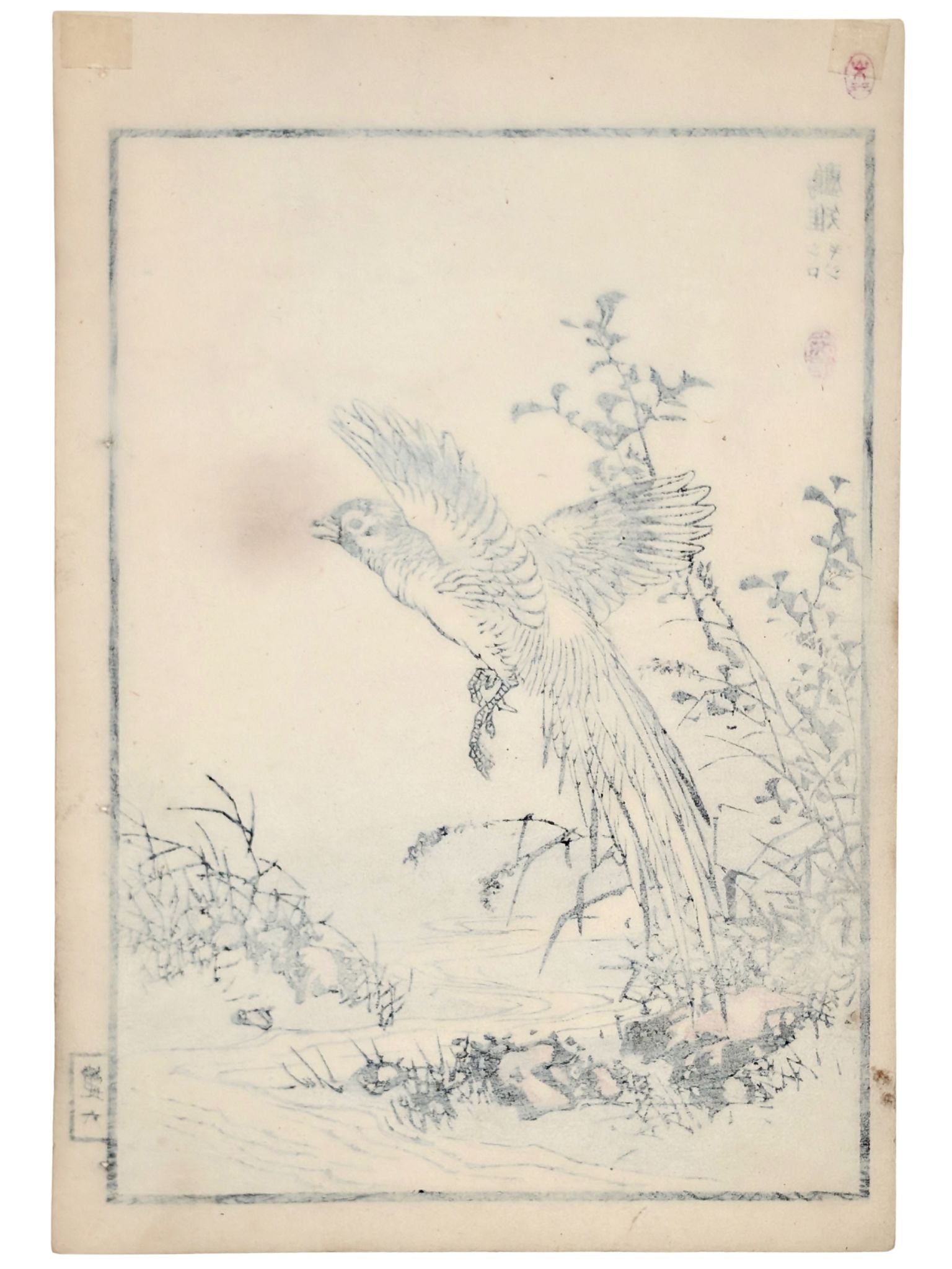 Estampe japonaise d’un faisan blanc en vol au-dessus de l'eau par Kōno Bairei verso