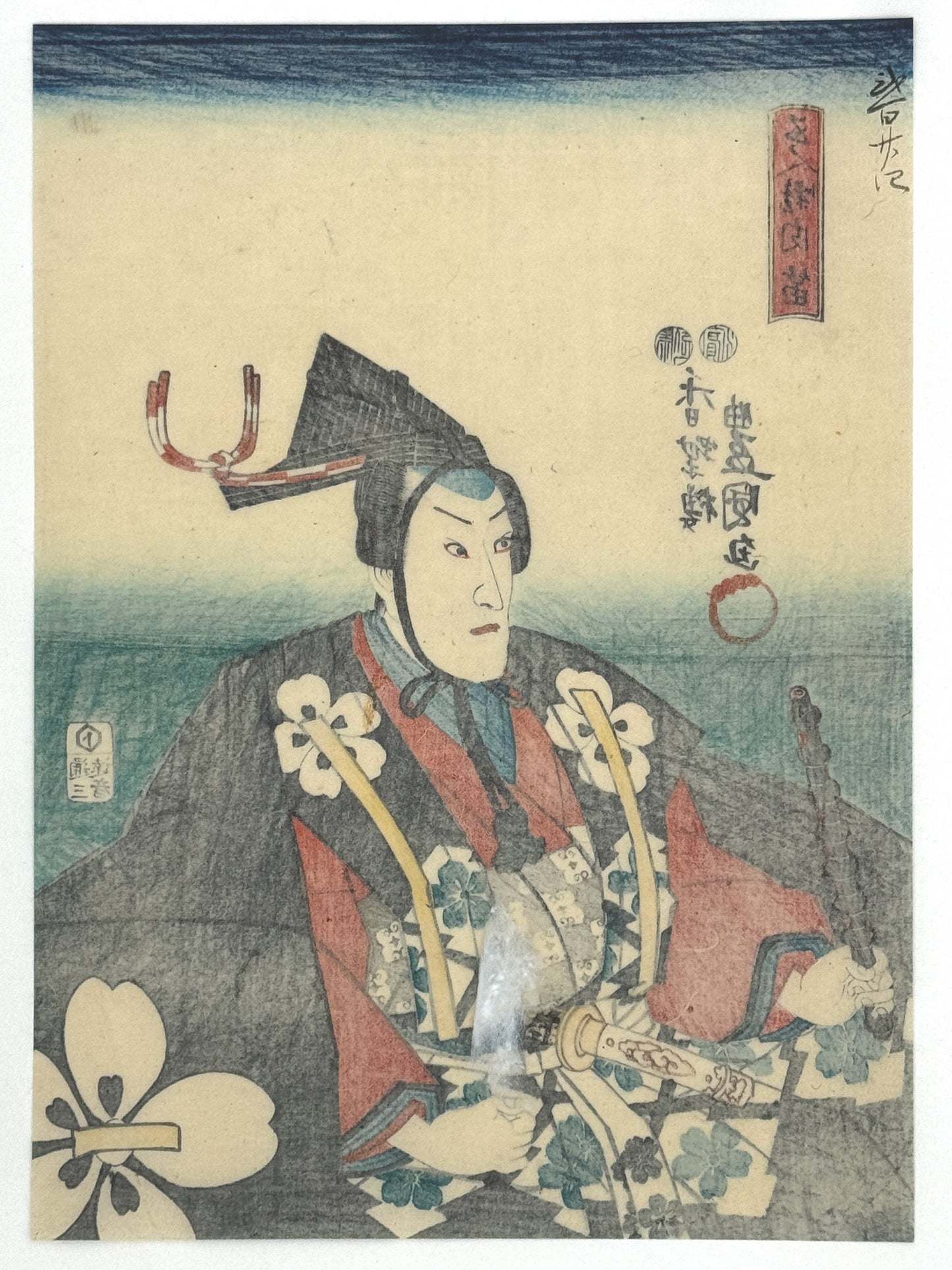Estampe Japonaise de Kunisada Toyokuni 3, joueur de flûte représenté en tant que poupée pour le hinamatsuri, la fête des filles. Flute à la main et en habits traditionnels. Dos estampe.