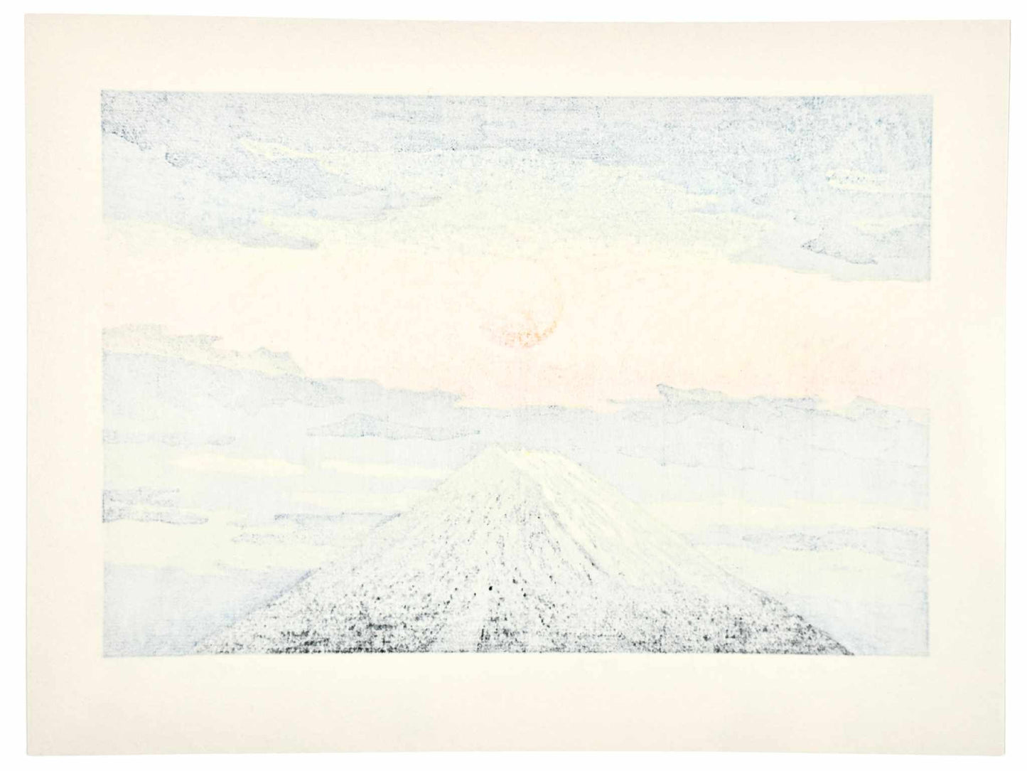 Estampe Japonaise de Kinoshita Taika représentant le soleil dans un ciel jaune aux nuages violets au-dessus le sommet du Mont Fuji, le verso de l'estampe