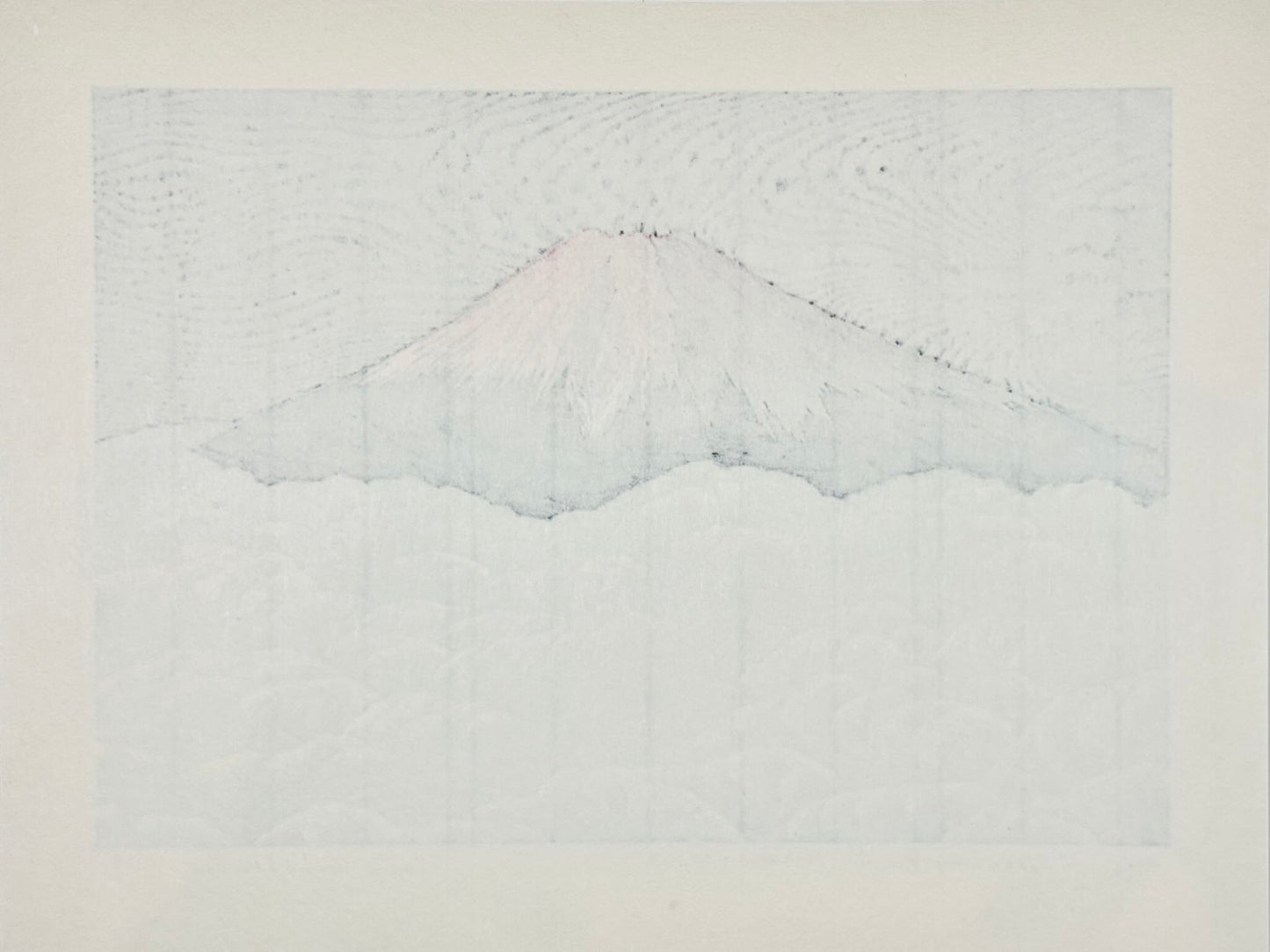 Estampe Japonaise de Kinoshita Taika représentant le sommet du Mont Fuji au-dessus de nuages argentés sur un ciel or, le verso