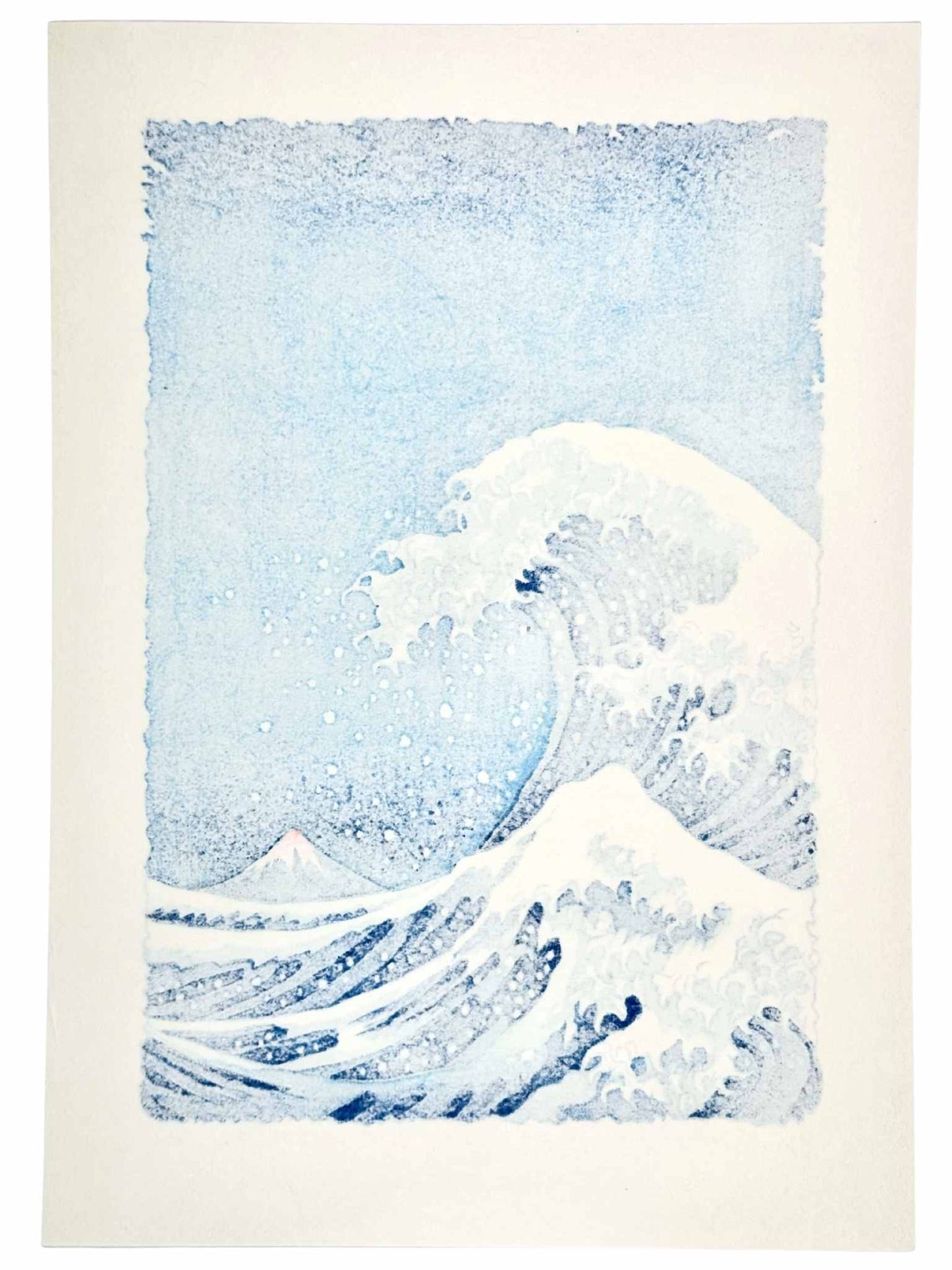 Estampe Japonaise de Kinoshita Taika en hommage à la Grande Vague de Hokusai représentant une immense vague menaçante prête à s'abattre sur le mont Fuji, le verso