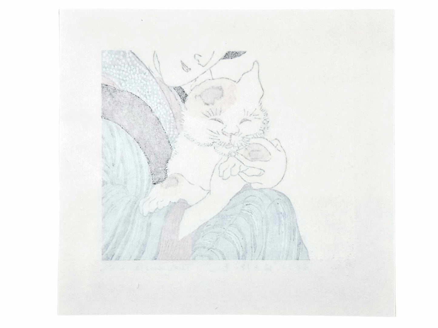 Estampe Japonaise de Kinoshita Taika hommage à Yoshitoshi dans laquelle une beauté en kimono câline un chat au regard rieur, le verso