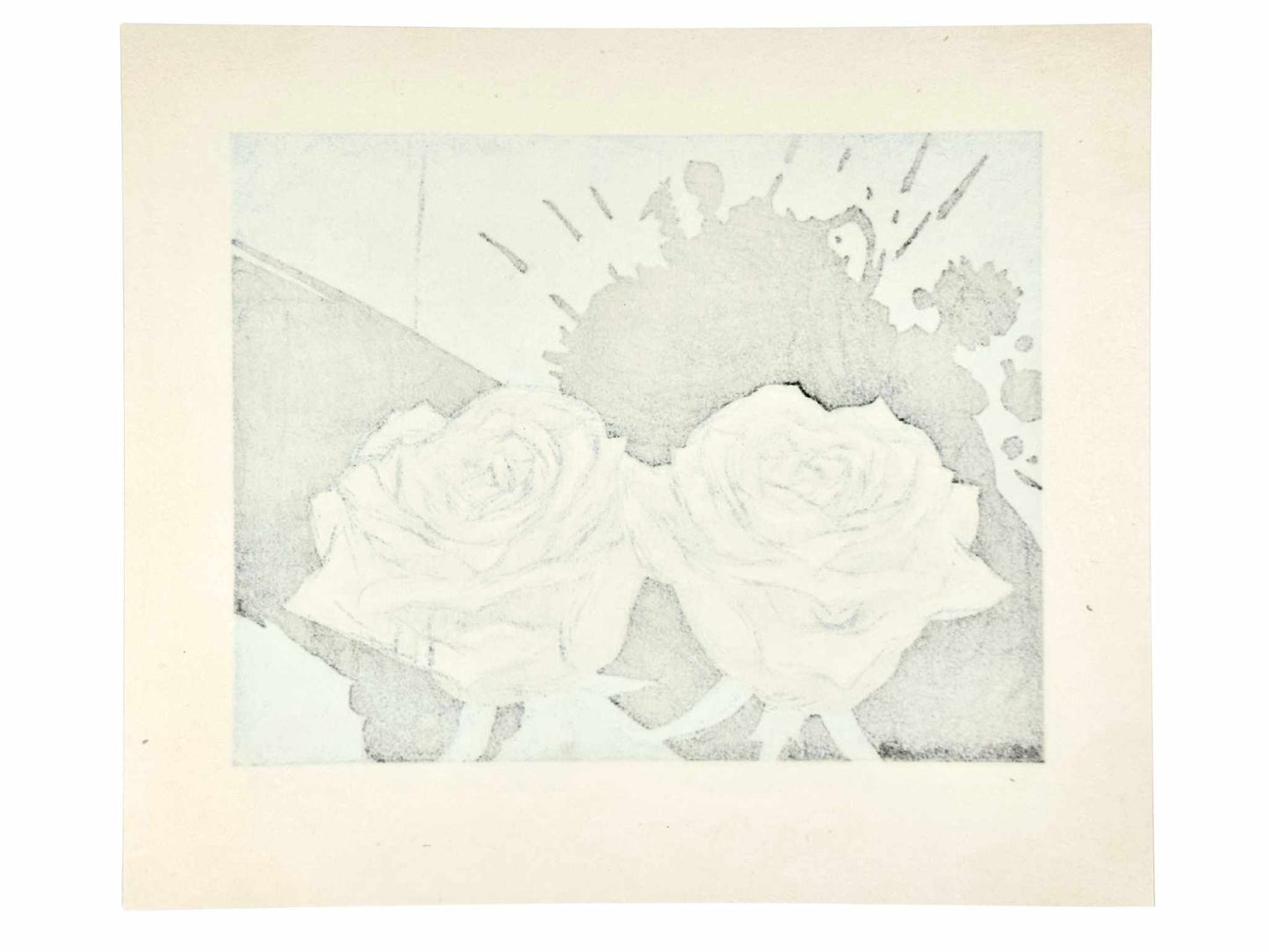 Estampe Japonaise de Kinoshita Taika représentant deux roses blanches sur un fond vert éclaboussé de noir, le verso