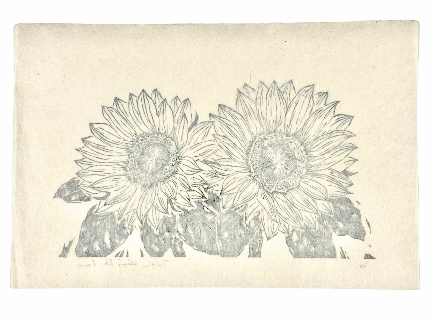 Estampe Japonaise en noir et blanc de Kinoshita Taika représentant deux tournesols, le verso