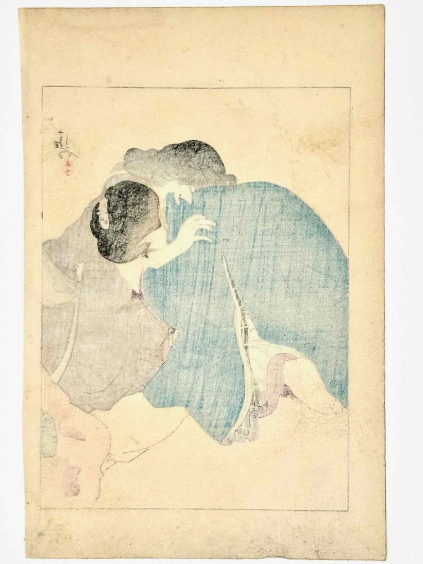 estampe japonaise de Kiyokata, deux femmes les bras l'une dans l'autre, le verso
