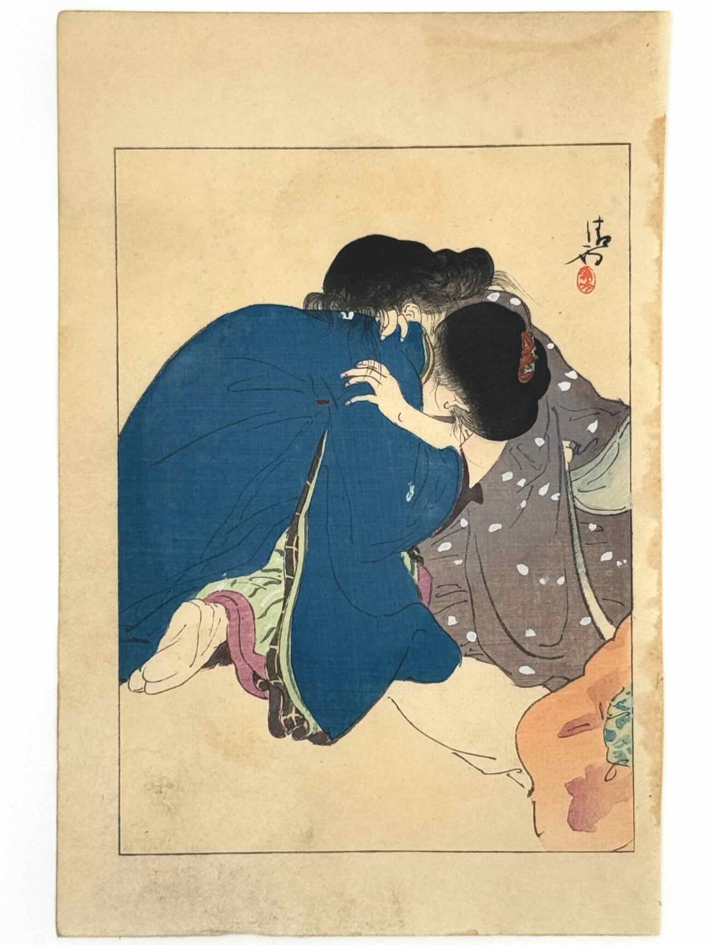 estampe japonaise de Kiyokata, deux femmes les bras l'une dans l'autre