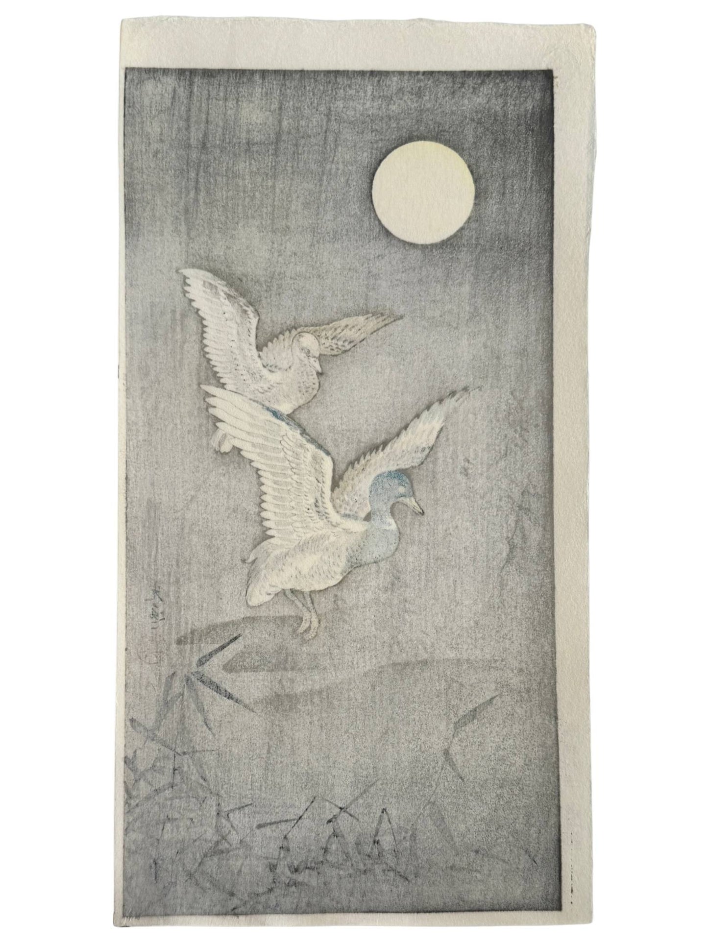 estampe japonaise de Koitsu, couple de canards volant au dessus des roseaux une nuit de pleine lune, le verso de l'estampe