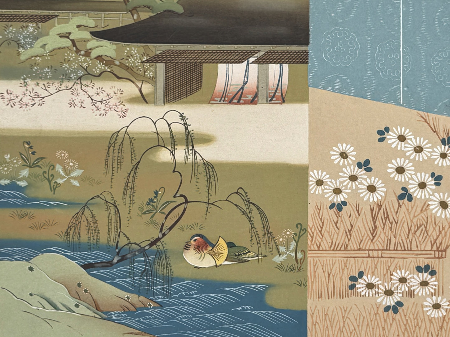 estampe japonaise Kojima gyokuho dit du genji canard chrysanthèmes, saule, maison rivière