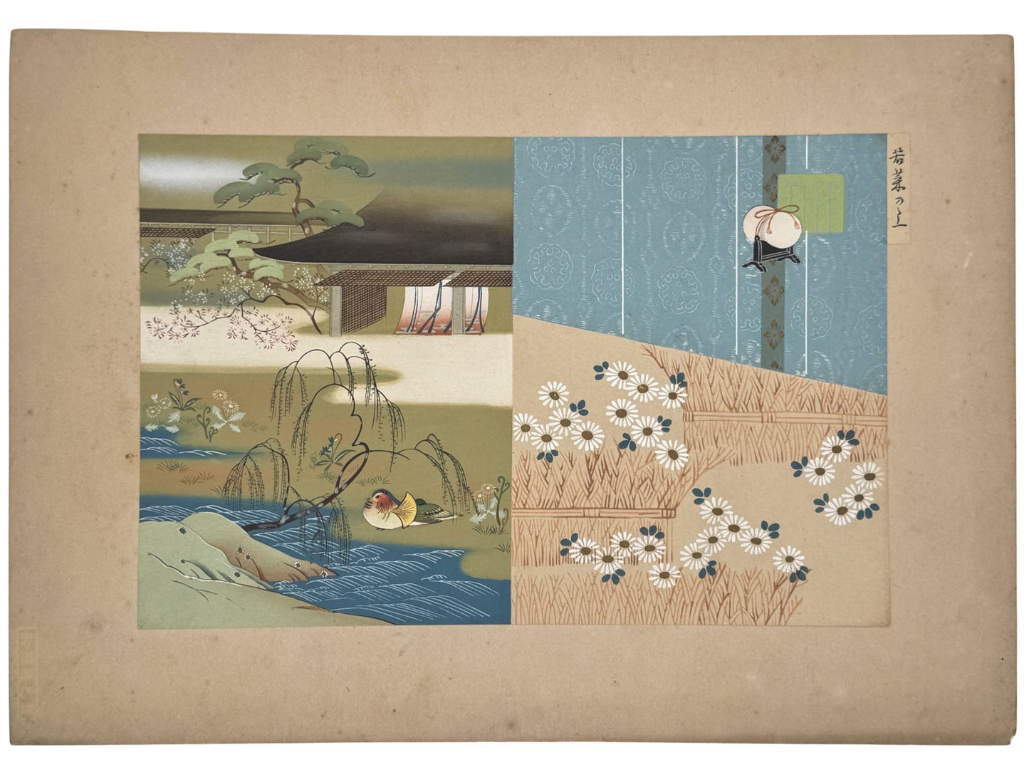 estampe japonaise Kojima gyokuho dit du genji fleurs, chrysanthèmes canards, maison, tissu bleu