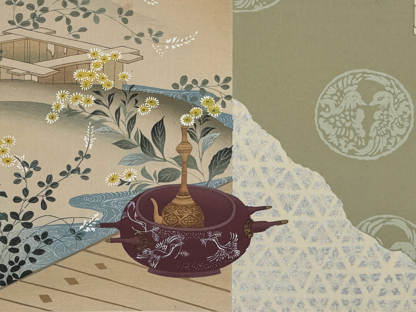 Estampe Japonaise de Kojima Gyokuho, dit du genji, braséro Japonais, motif tissu triangles argentés