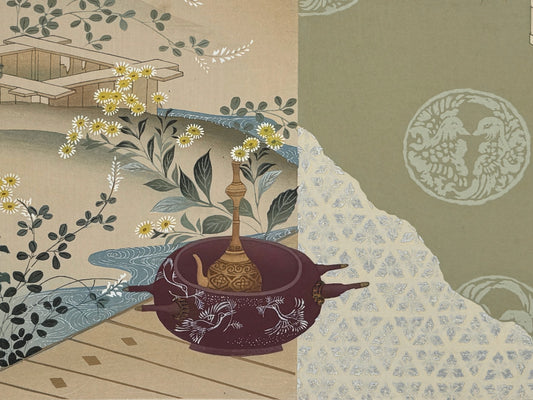 Estampe Japonaise de Kojima Gyokuho, dit du genji, braséro Japonais, motif tissu triangles argentés