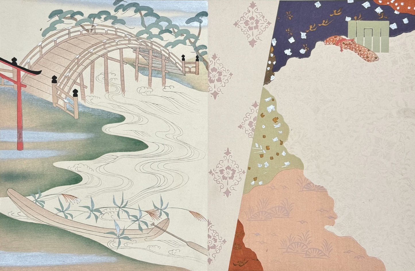 Estampe Japonaise Kojima Gyokuho, pont japonais, torii, tissu colorés feuilles d'or et argent