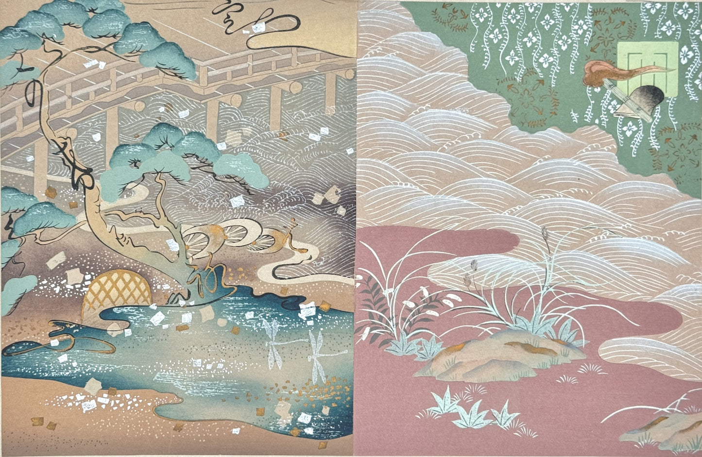 Estampe Japonaise de Kojima Gyokuho, paysage, pins, libellules, rivière, feuilles d'or et argent