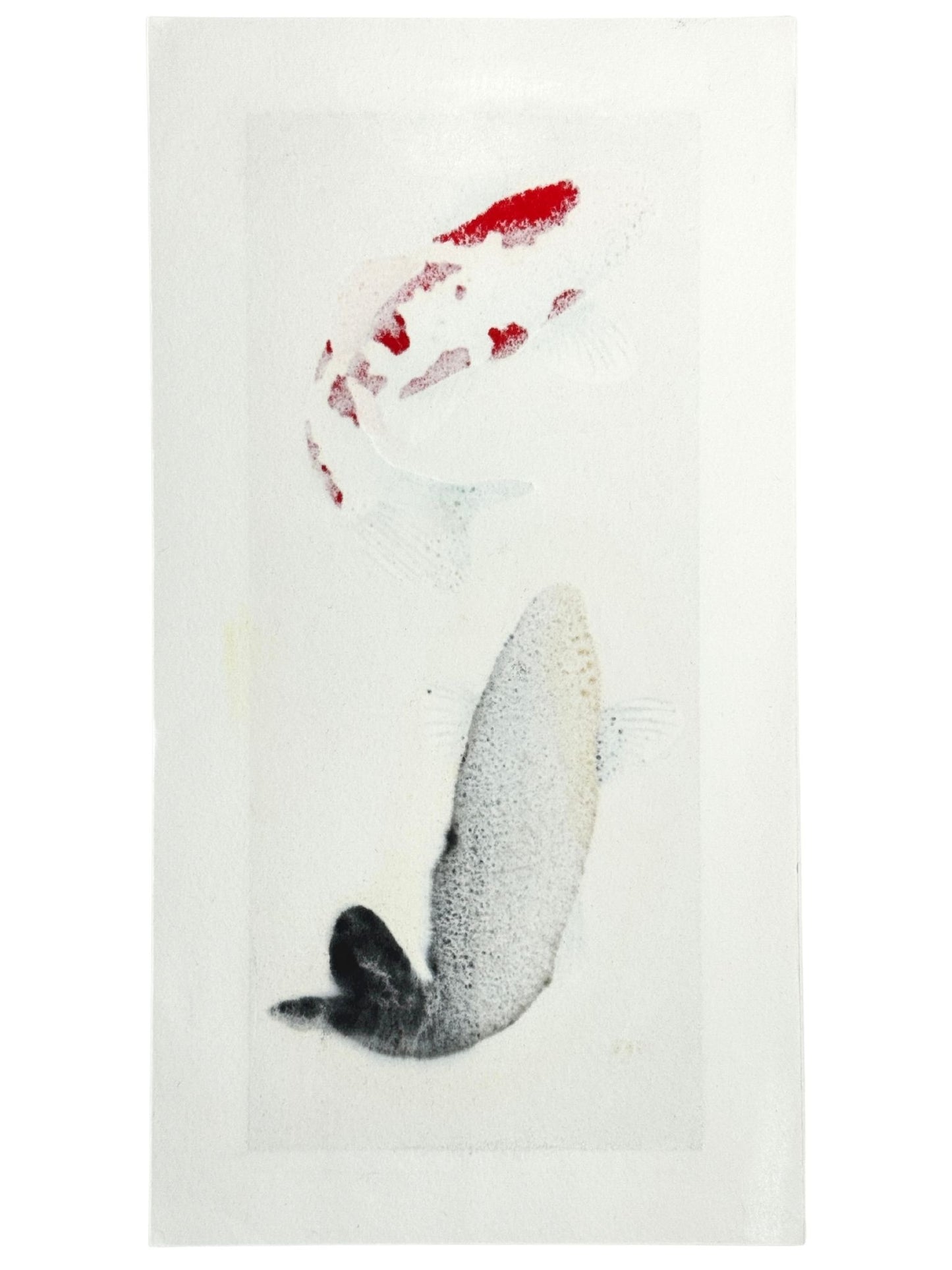 estampe japonaise de Kunio Kaneo, deux carpes Koi en saut, le verso de l'estampe