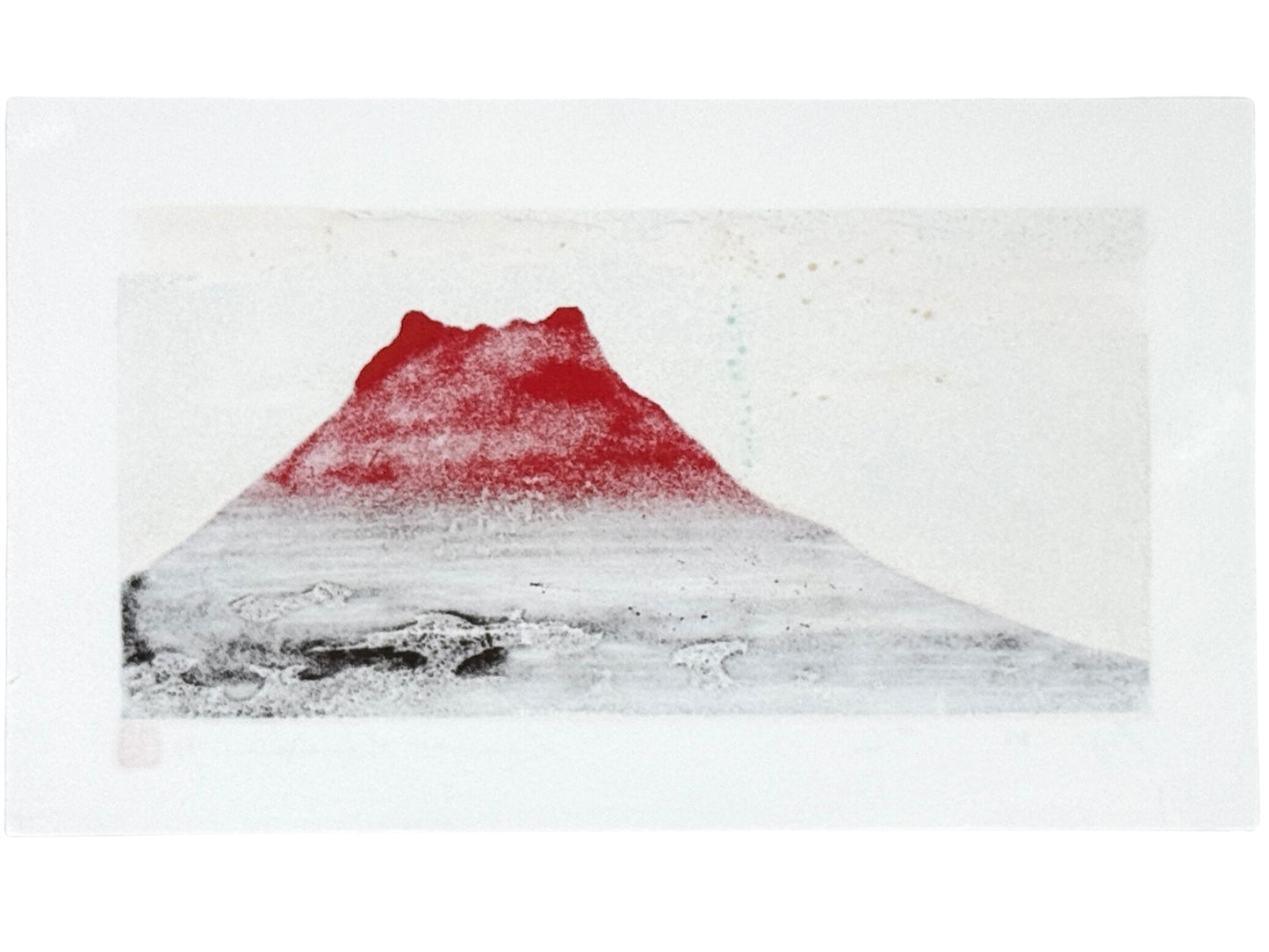 estampe japonaise de Kunio Kaneko, le Mont Fuji au sommet rouge sur ciel bleu nuageux, le verso