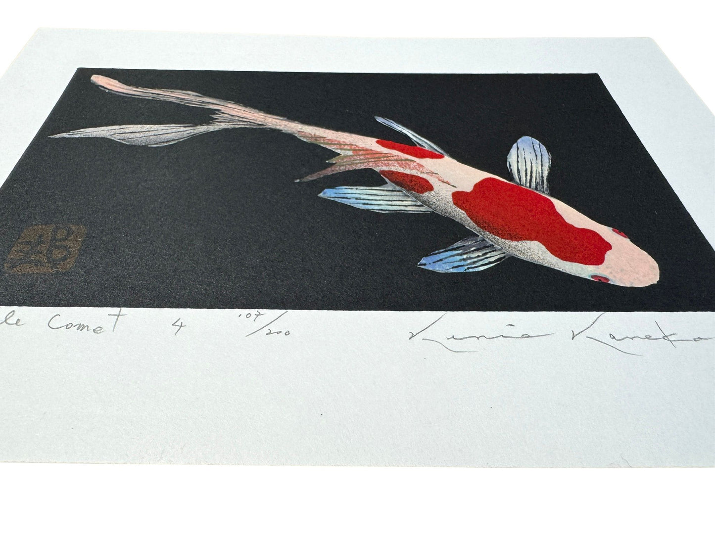 Estampe japonaise de Kunio Kaneko représentant une carpe koï sur fond noir, détail des reflets du fond noir