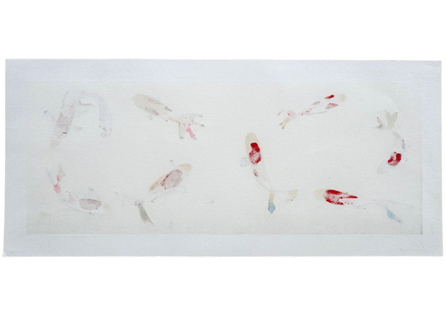 Estampe japonaise de Kunio Kaneko représentant des carpes Koï sur fond doré et argenté, le verso