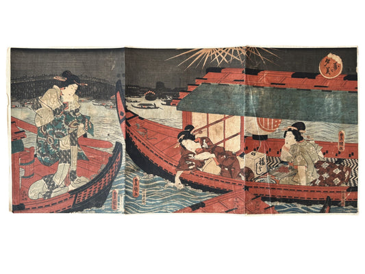 Triptyque d'Estampes Japonaises de Kunisada toyokuni 3 de trois beautés en promenade en bateau un soir de feu d'artifice.