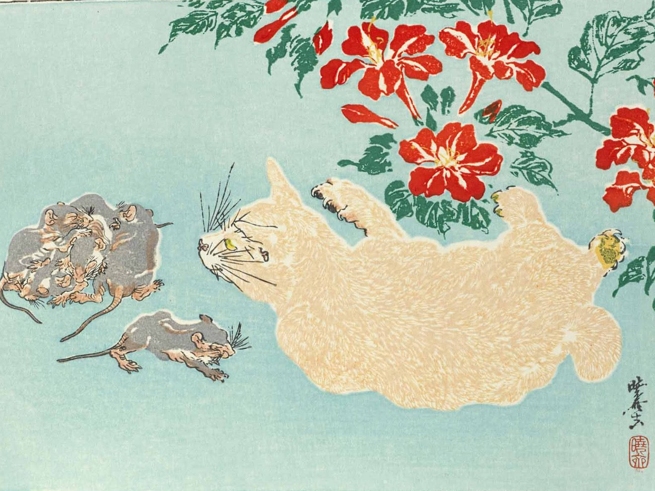 estampe japonaise de Kyosai, chat guettant des souris, gros plan