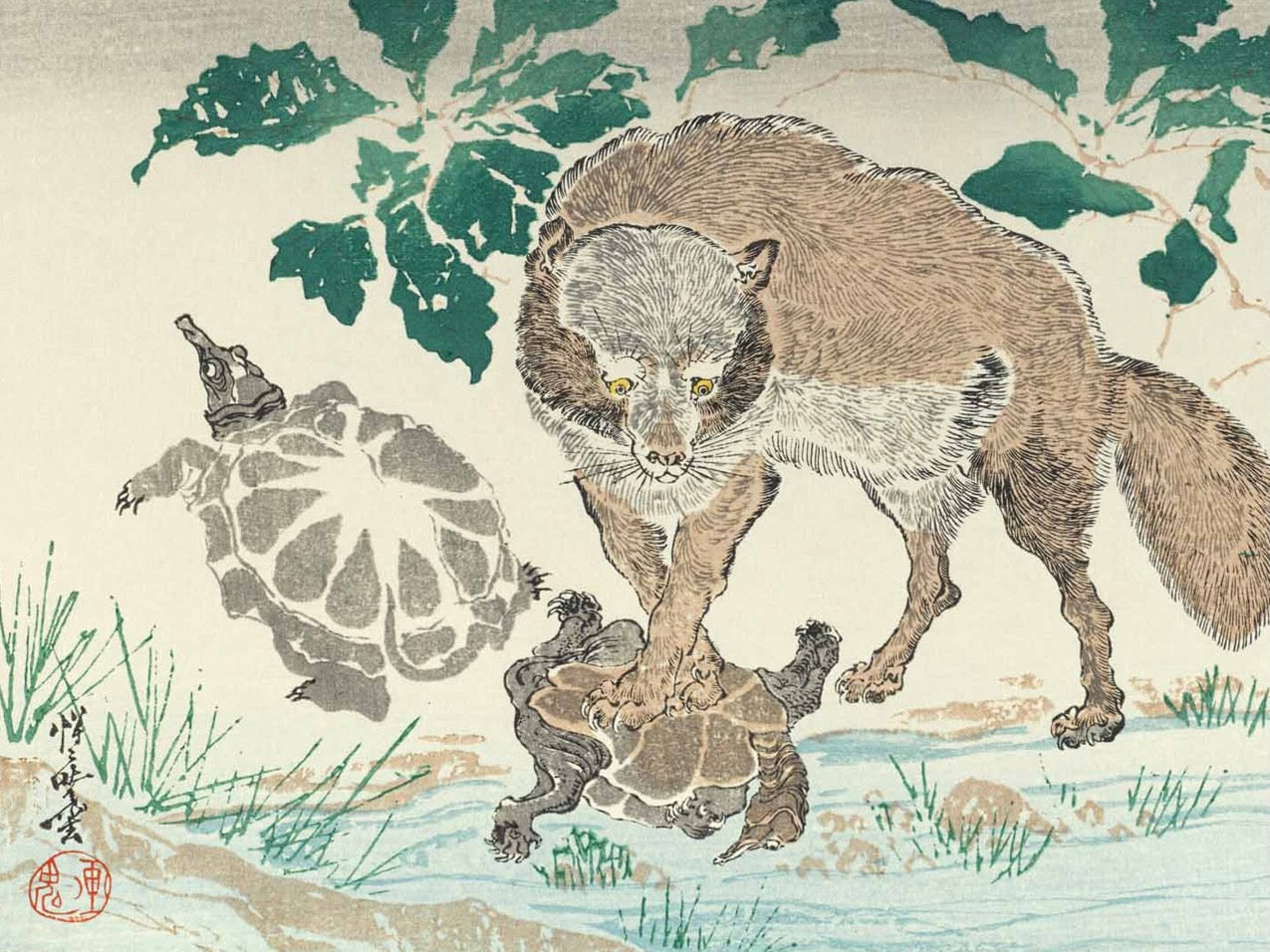 estampe japonaise de Kyosai, Tanuki jouant avec une tortue, patte sur une tortue sur le dos