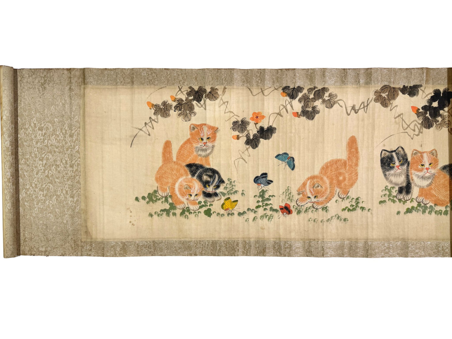 makimono japonais ancien, chatons et papillons détail 12