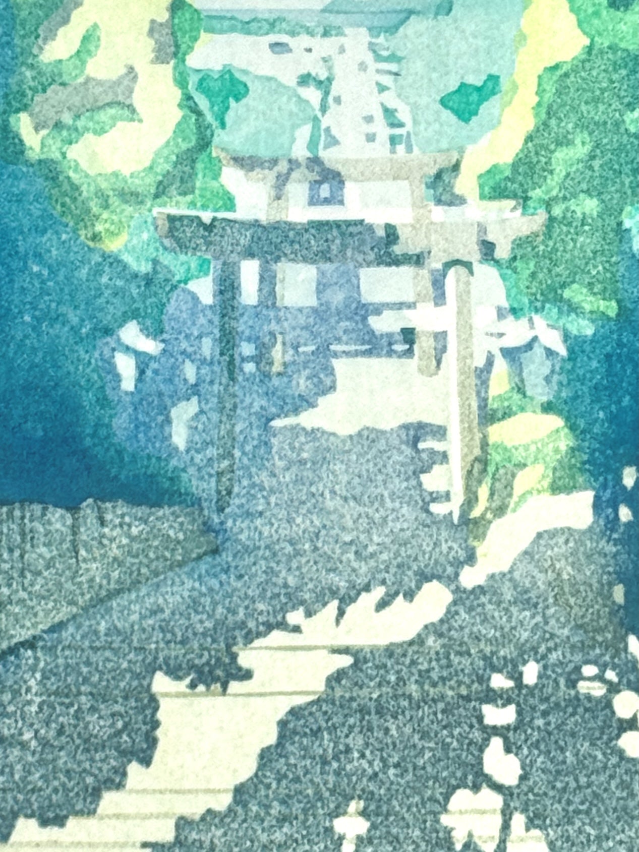 estampe japonaise contemporaine paysage avec escalier et tori dans la foret, gros plan sur les escaliers et le Tori