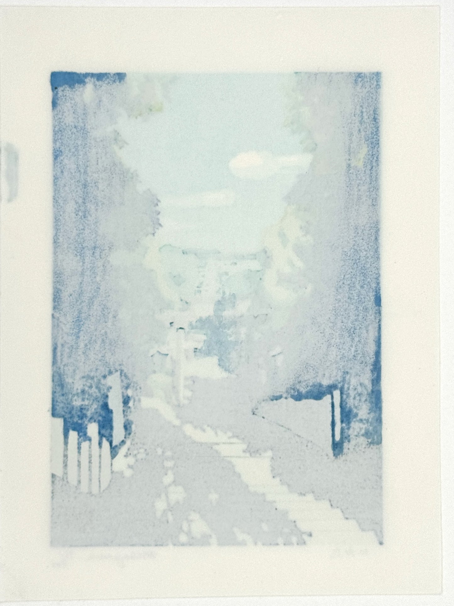 estampe japonaise contemporaine paysage avec escalier et tori dans la foret, dos de l'estampe