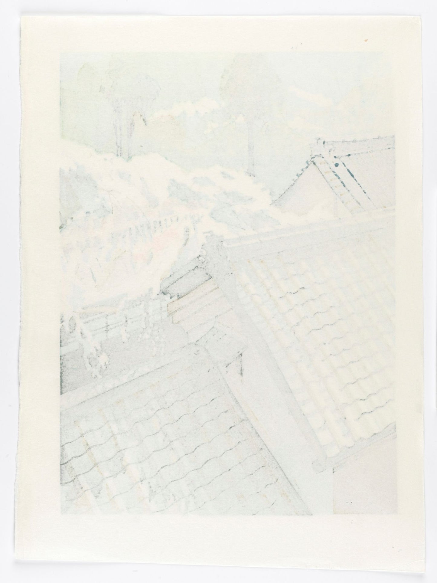 estampe japonaise contemporaine de Mibugawa, cerisiers en fleurs et toits de maison en tuiles vernissées, le verso