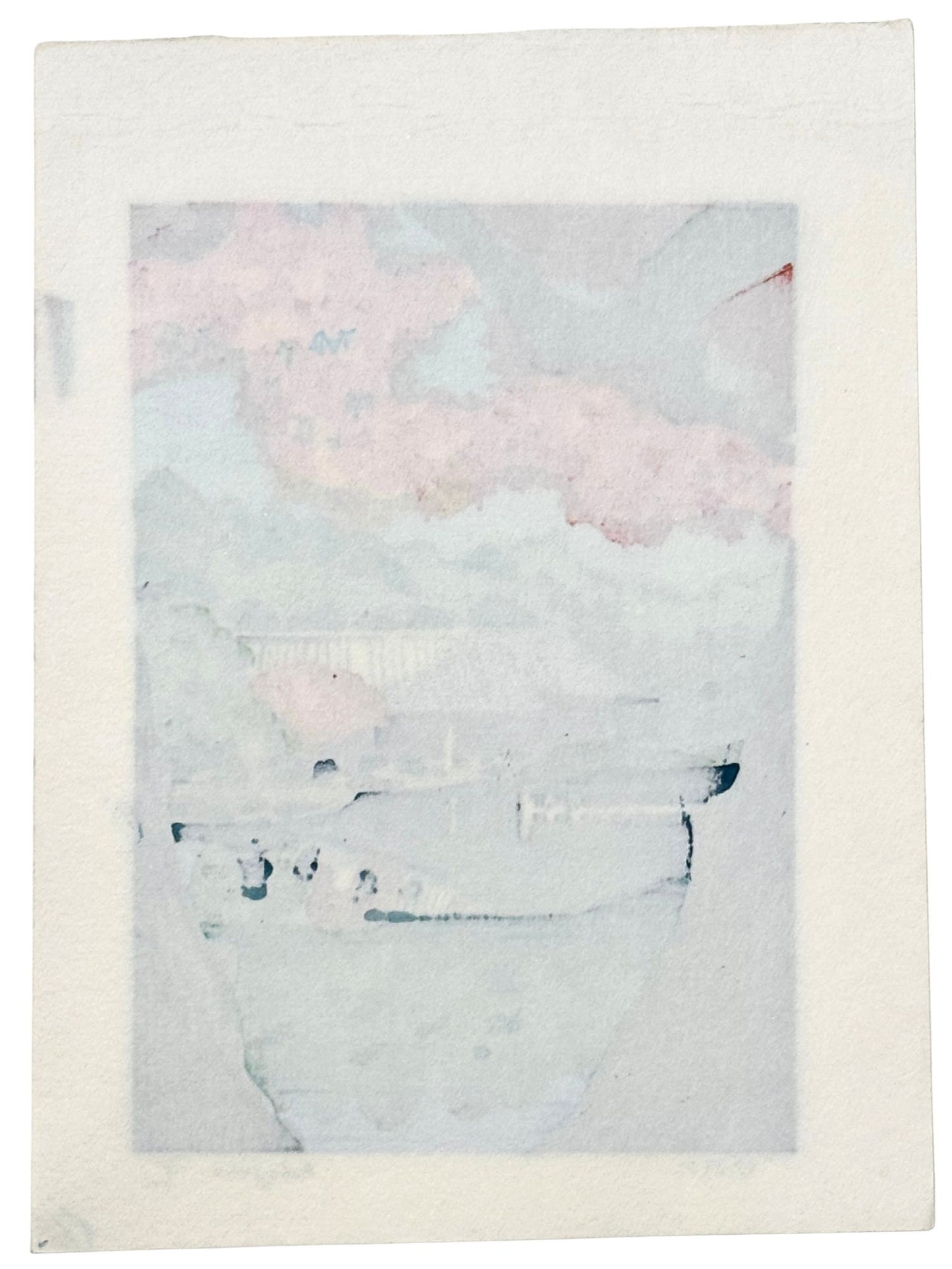 Estampe Japonaise représentant un jardin d’automne avec érables rouges et pavillon traditionnel au bord de l'eau, le verso