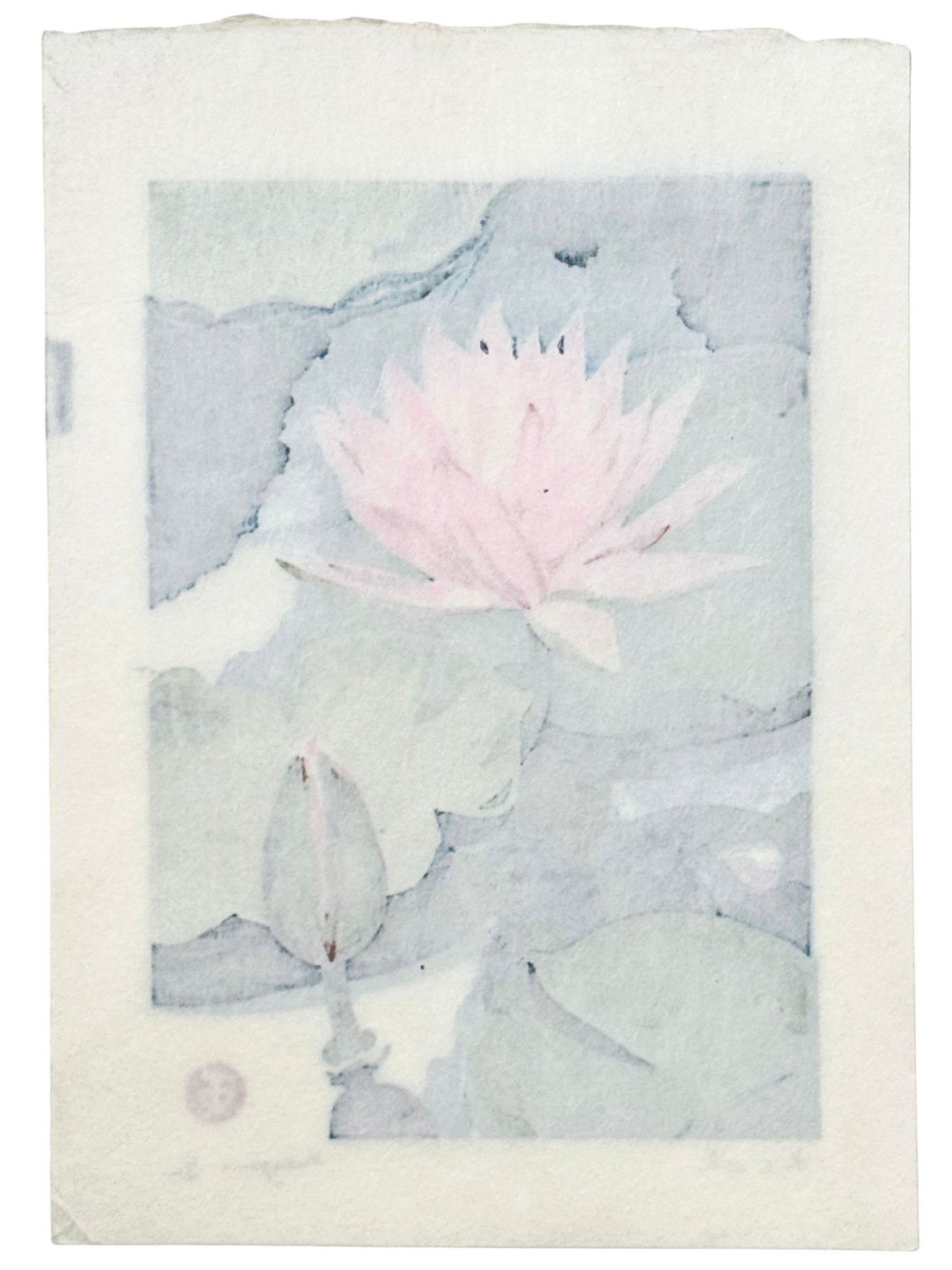 Estampe Japonaise de Mibugawa Junichi représentant une fleur de lotus rose à la surface de l'eau, le verso