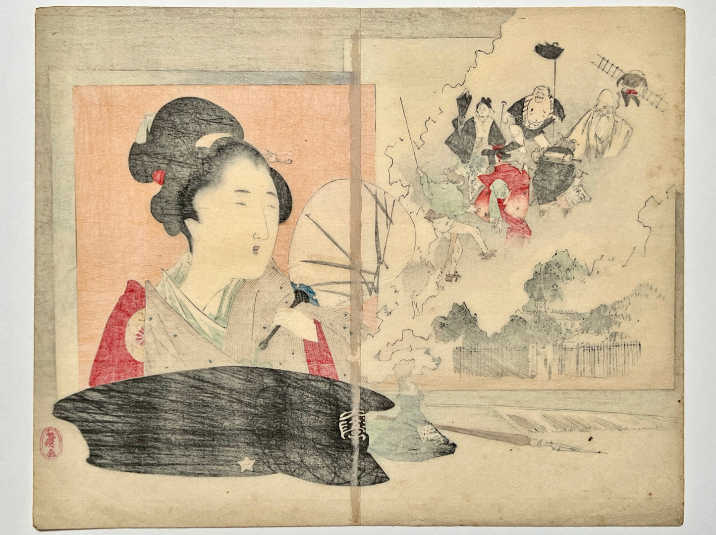 estampe japonaise kuchi-e femme avec éventail et casquette militaire, verso de l'estampe