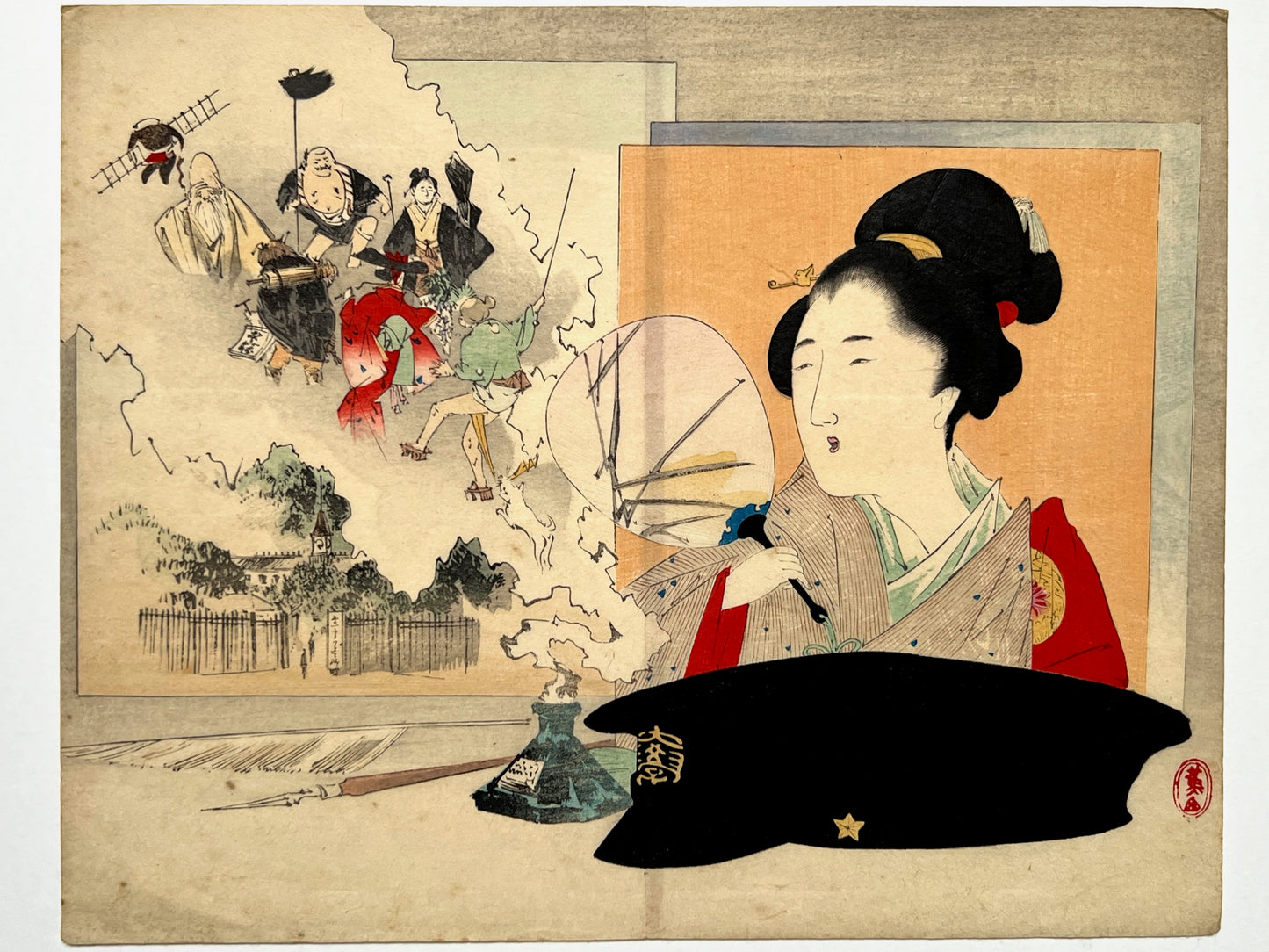 estampe japonaise kuchi-e femme avec éventail et casquette militaire