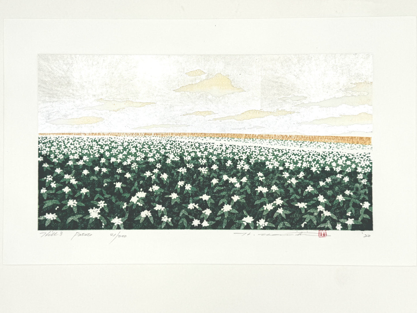 estampe japonaise contemporaine de paysage, champs de pommes de terre en fleur et ciel argenté