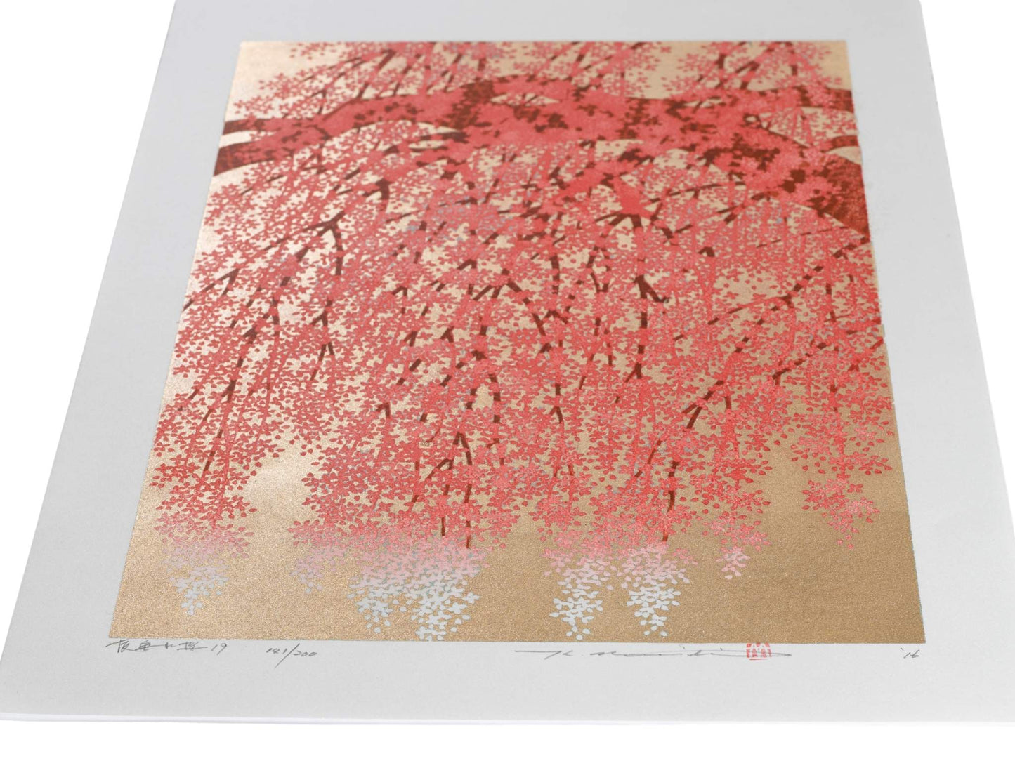 Estampe japonaise de Namiki Hajime, un cerisier pleureur en pleine floraison du rose au blanc, le reflet du fond or vu de profil