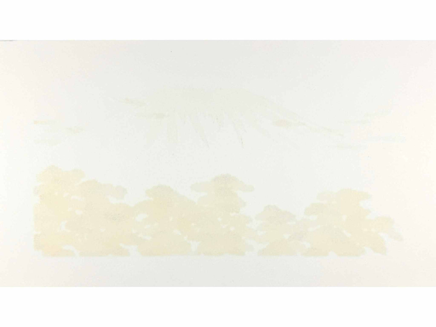 estampe japonaise contemporaine de Namiki Hajime, le Mont Fuji sur fond or, une foret d'arbres bleus à ses pieds, le verso