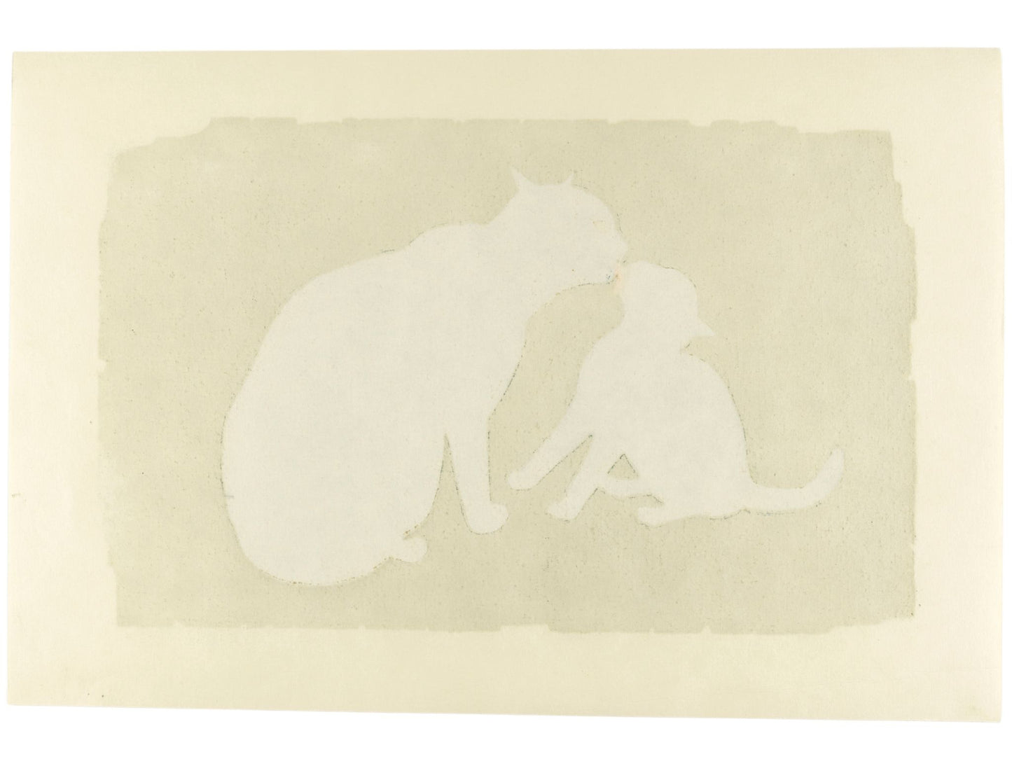 estampe japonaise contemporaine de Nishida Tadashige, chatte lèchant son chaton sur fond gris, verso de l'estampe
