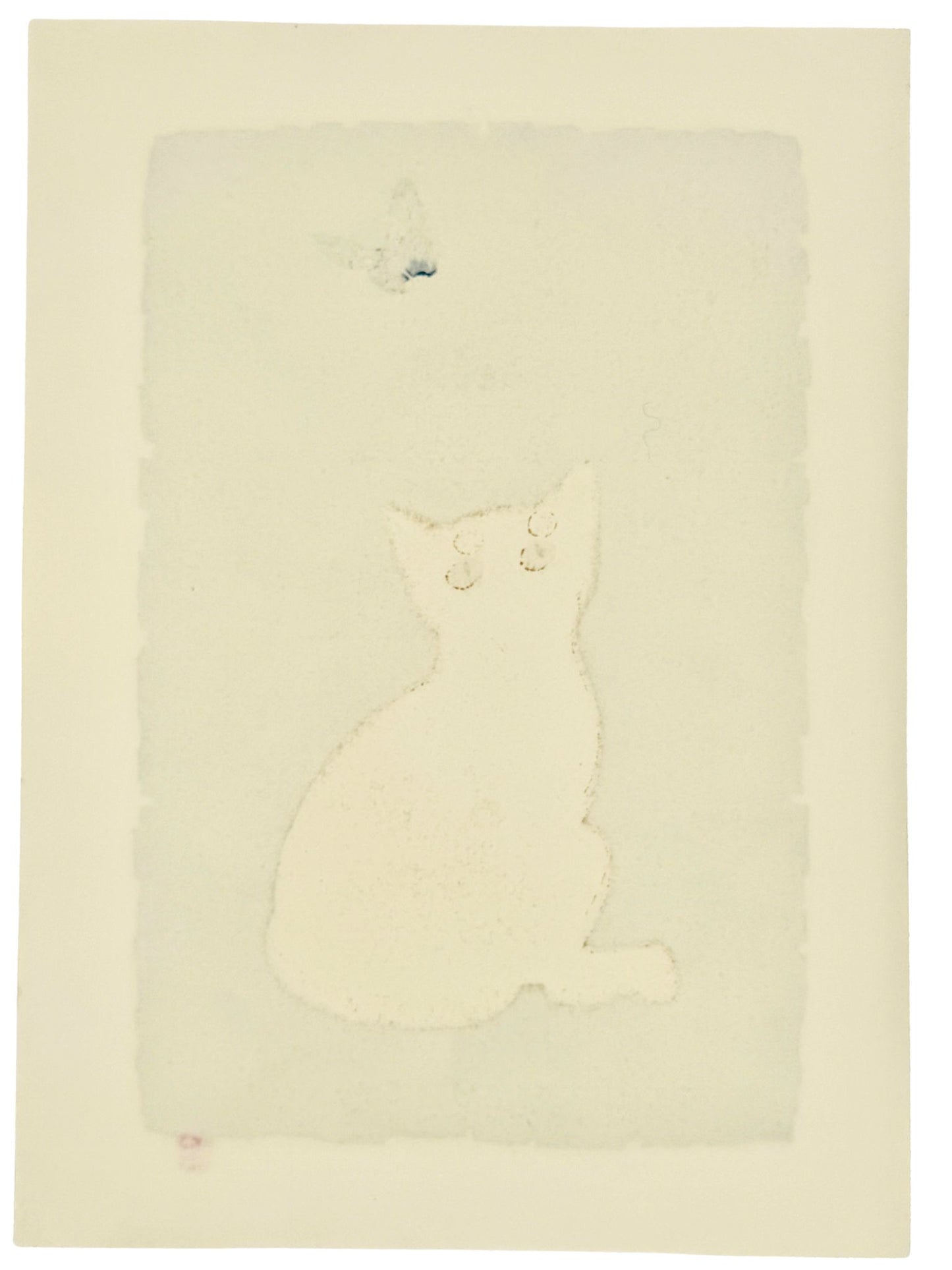 Estampe japonaise de Nishida représentant un chat blanc et un papillon sur fond doré verso