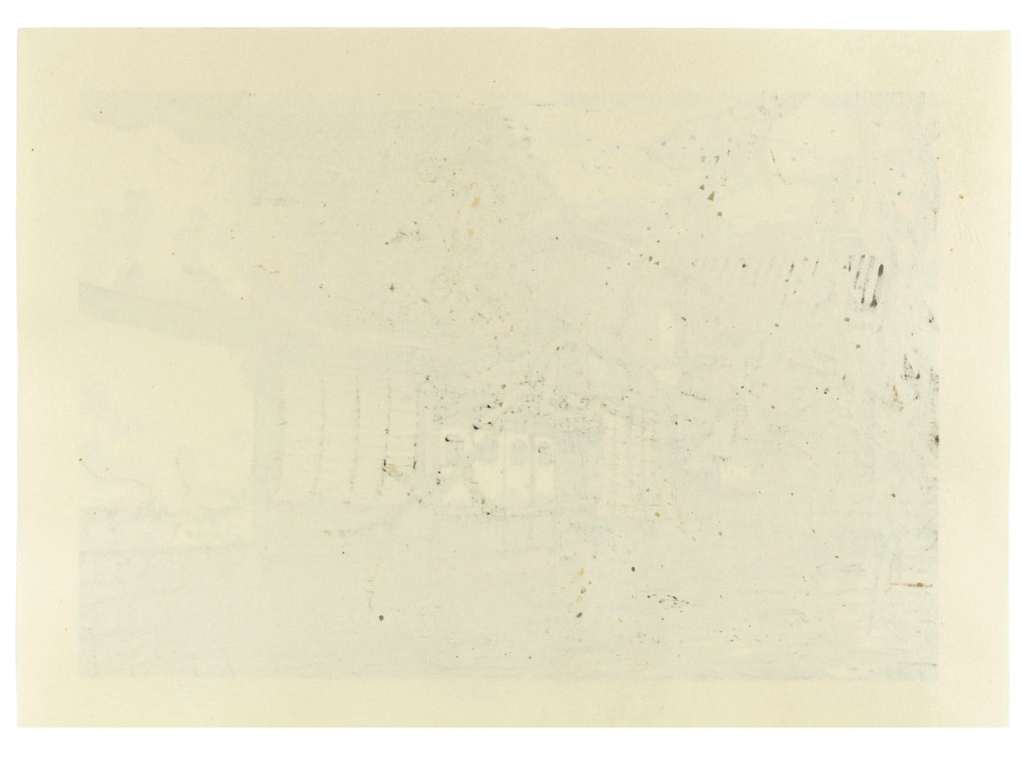 estampe japonaise de Nishijima, maisons et saule autour de la rivière Arakawa, verso de l'estampe