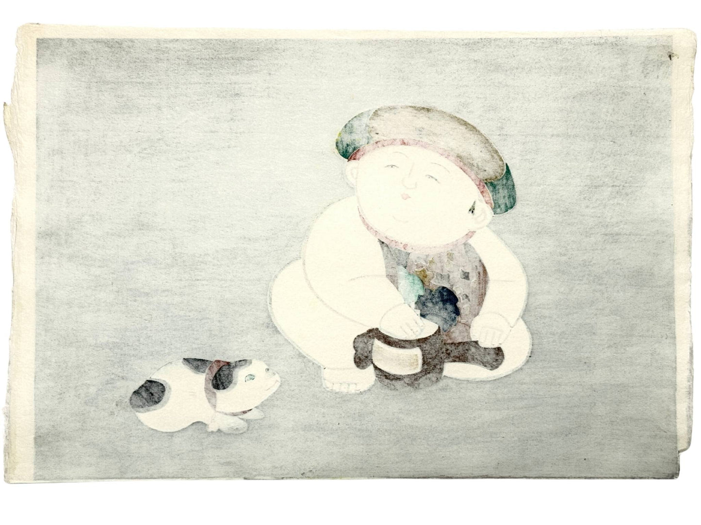 estampe japonaise de Nishizawa Tekiho, gosho avec chapeau, maillet dans les mains, et petit chien à ses pieds, verso de l'estampe