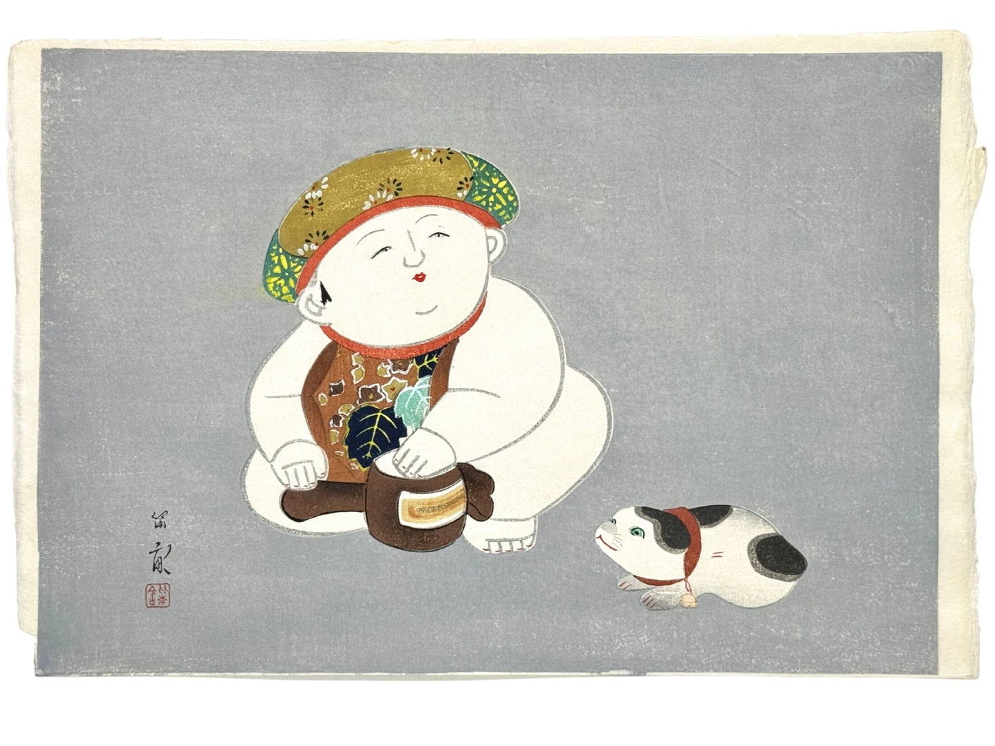 estampe japonaise de Nishizawa Tekiho, gosho avec chapeau, maillet dans les mains, et petit chien à ses pieds