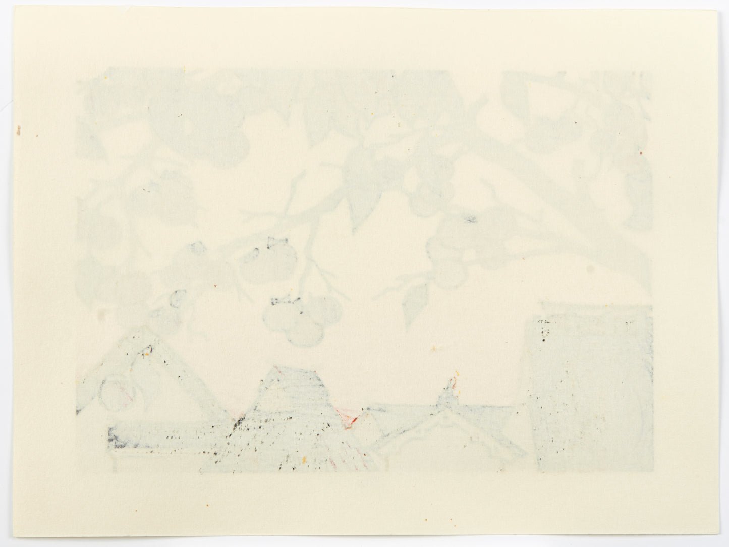 estampe japonaise contemporaine soleil couchant sur toits de chaumes des maisons japonaises et arbre à kaki, dos de l'estampe