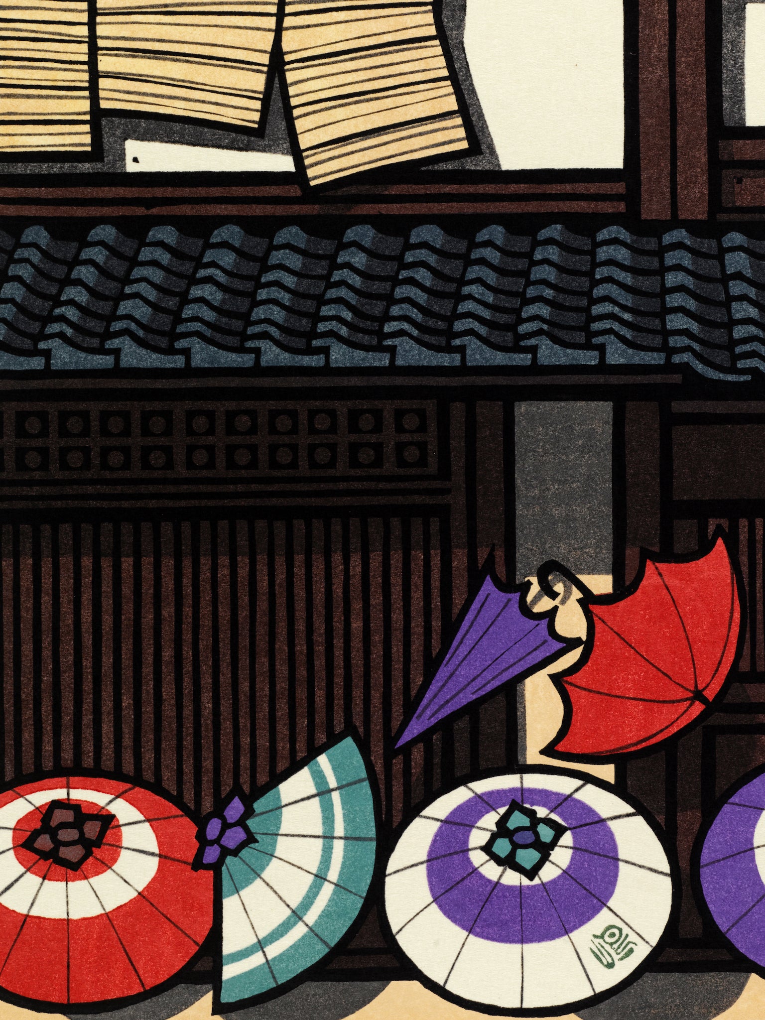 estampe japonaise contemporaine parapluies colorés devant une facade en bois d'une maison japonaise traditionnelle, parapluies rouges, vert, violet