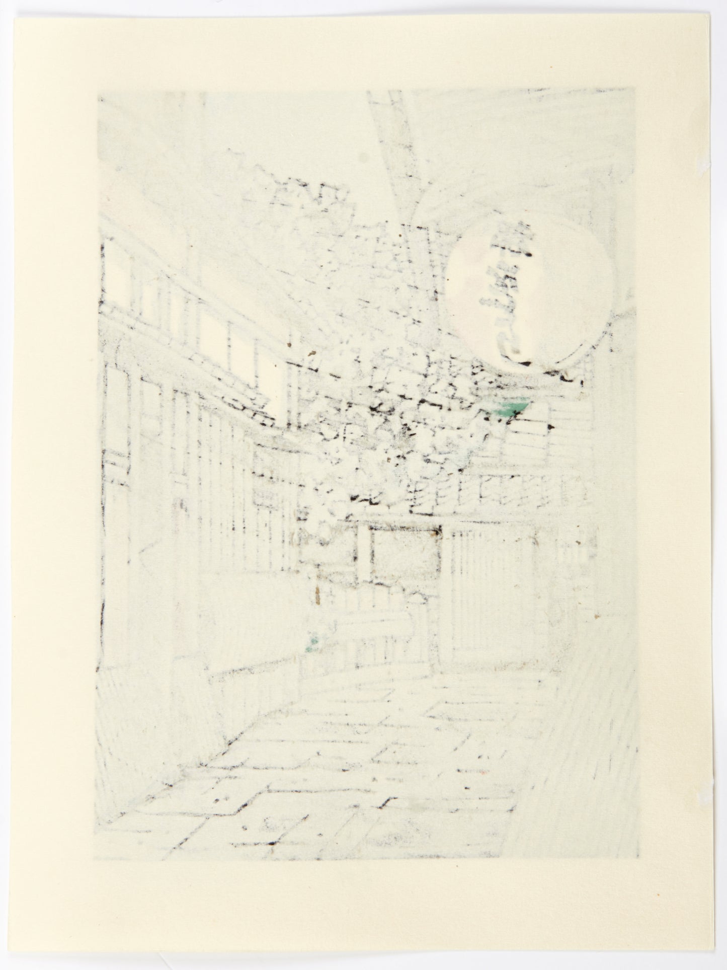 estampe japonaise contemporaine Nishijima Katsuyuki ruelle kyoto et lanterne, le verso de l'estampe