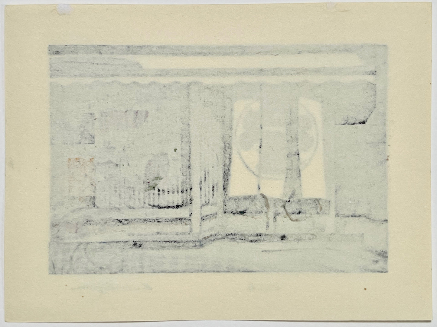 Estampe Japonaise de Nishijima Katsuyuki, facade d'ne entrée de boutique avec noren et claustra; le verso